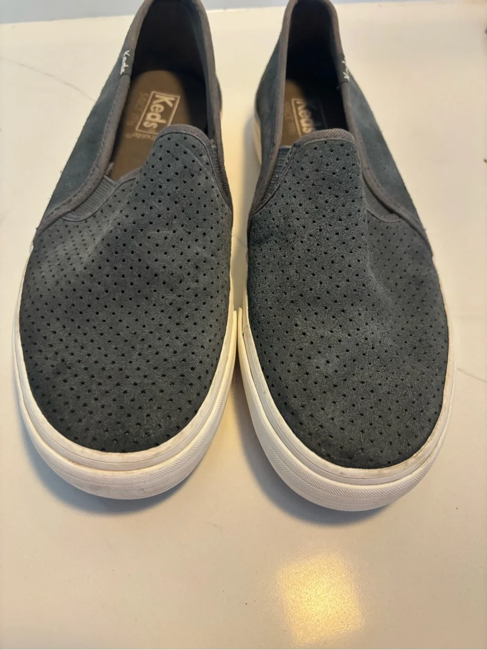 Keds Shoes Womens 6.5 Gray Double Decker Perf Slip On Sneakers Suede Low